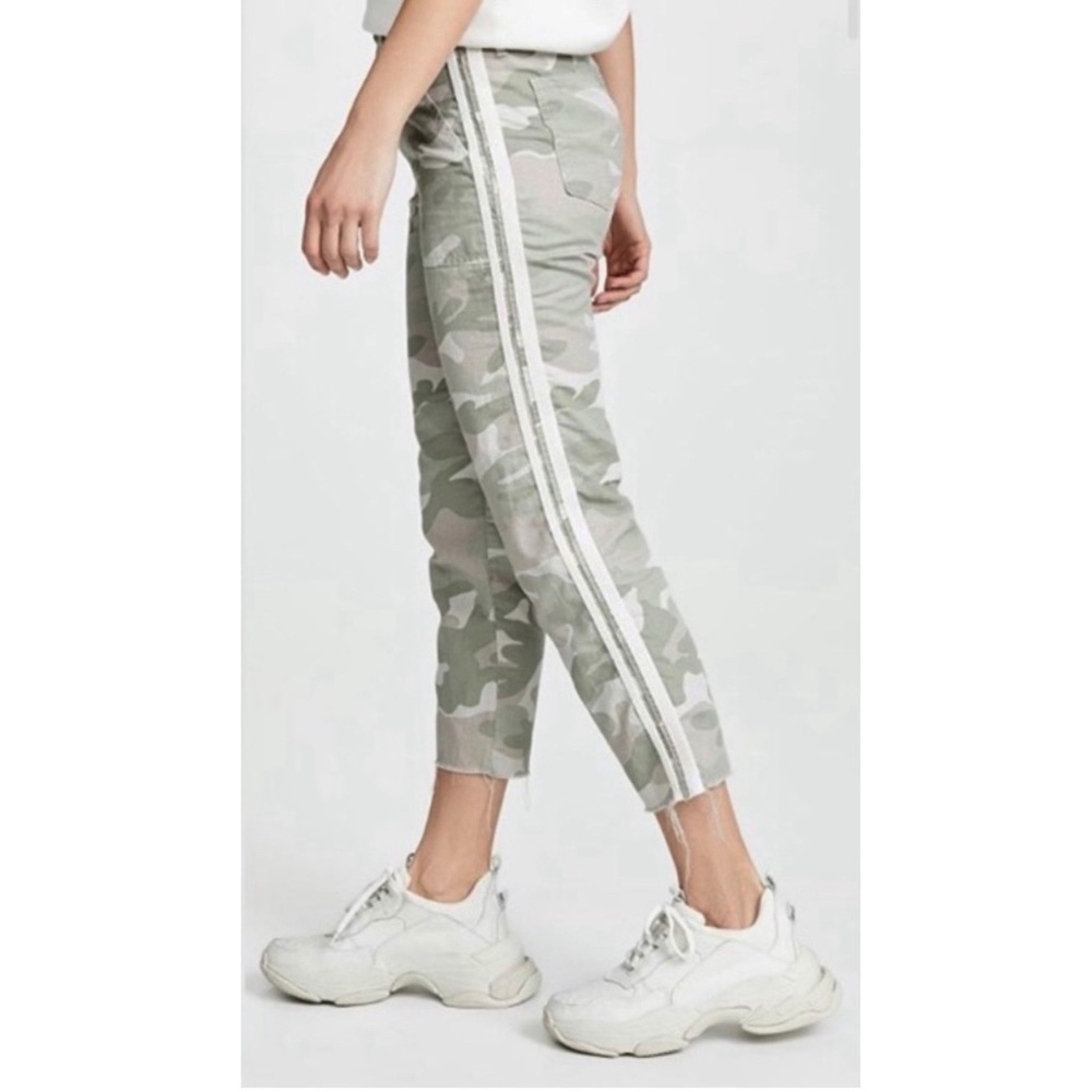 Mother Camo Racer Stripe Fringe Hem Cream Green Straight Leg Cropped Pants 26 - Picture 6 of 15